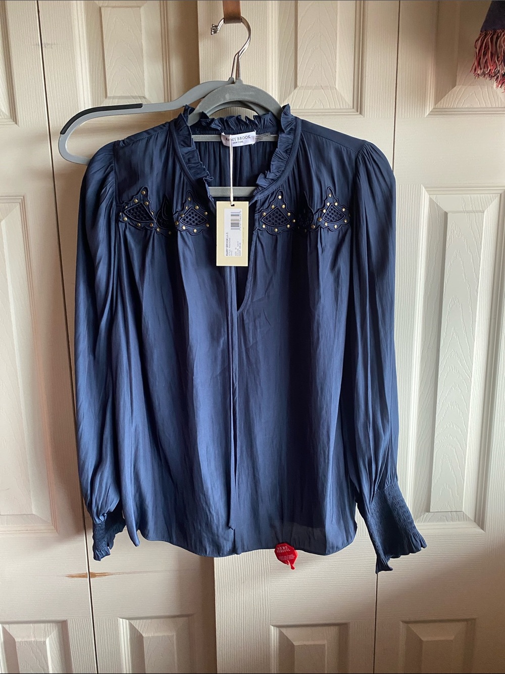 Ramy Brook NWT Long Sleeve Vneck Stud Details Embroidered Lace panels Blouse